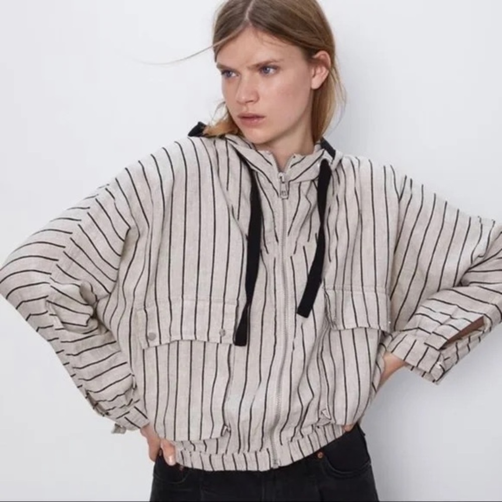 Zara Striped Linen Bomber Jacket with hood size S NWOT